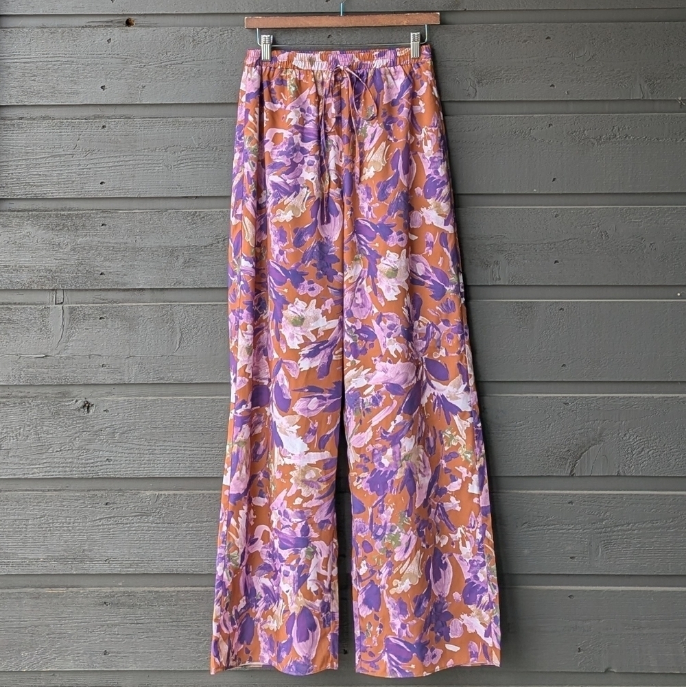 NWOT ACOA Abstract Tropical Floral Wide Leg Palazzo Pant Small Purple Terracotta